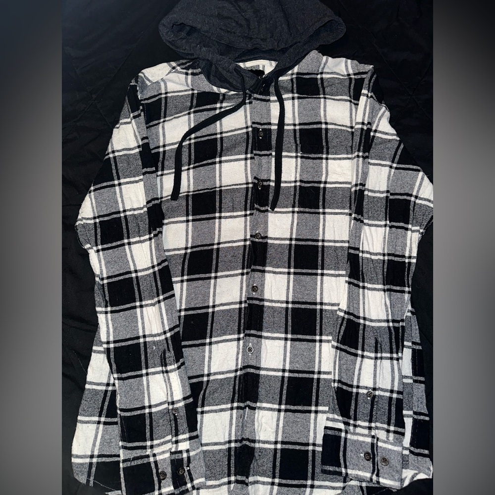 RSQ Black White Plaid Hooded Long Sleeve Button Down Men’s Shirt Sz Large